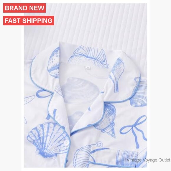 Women's Short Sleeve Button Shirt and Elastic Waist Shorts Pajama Set - Picture 3 of 7